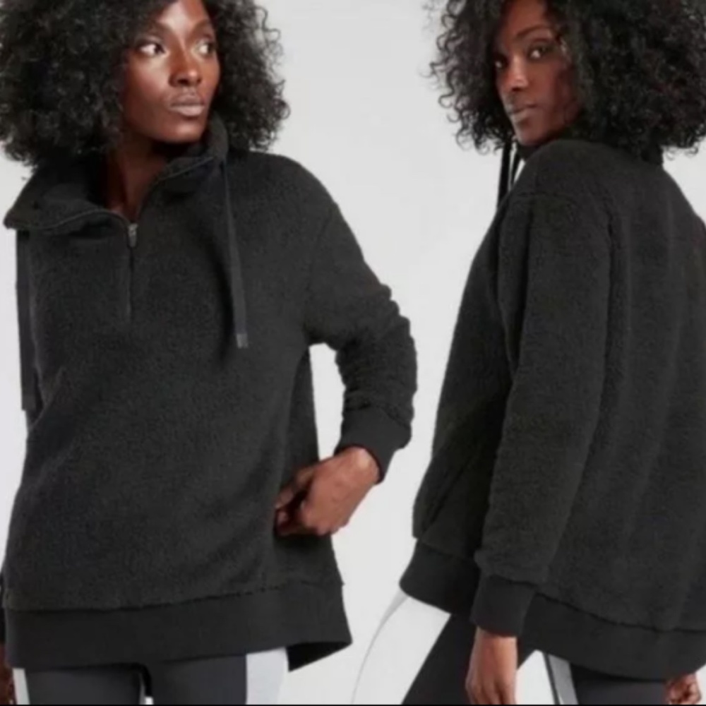 Athleta - Cozy Black Fleece Sweatshirt with Three-Quarter Zipper, Has Pockets